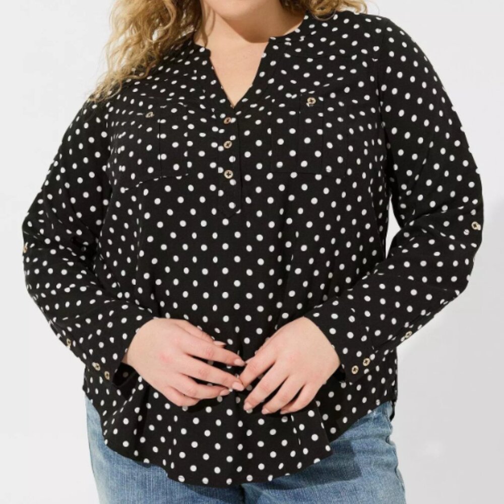 Torrid 4X Harper Challis Long Sleeve Blouse Perfect Dots Deep Black Shirt Top